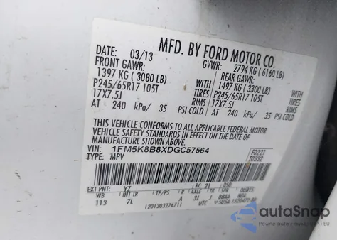 2013 Ford Explorer z USA, uszkodzony, nr VIN 1FM5K8B8XDGC57564